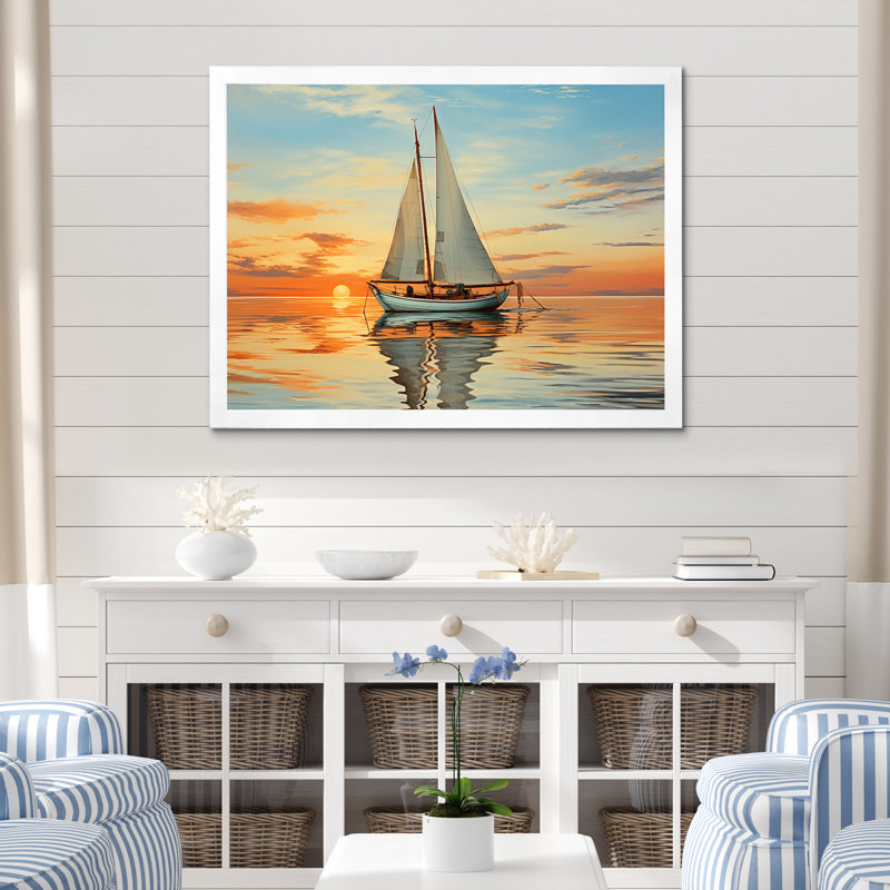 Voilier, réflexion rythmique I sur toile, Cadre simple blanc, H 30 po x l 40 po x P 1,5 po