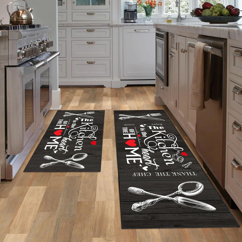 Ensemble de 2 tapis de cuisine de style rustique noir et blanc Farmhouse