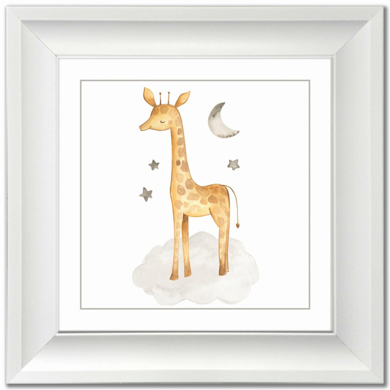 Girafe et lune, art mural sur toile, Cadre d'angle fermé blanc, H 17,5 po x l 17,5 po x P 1 po