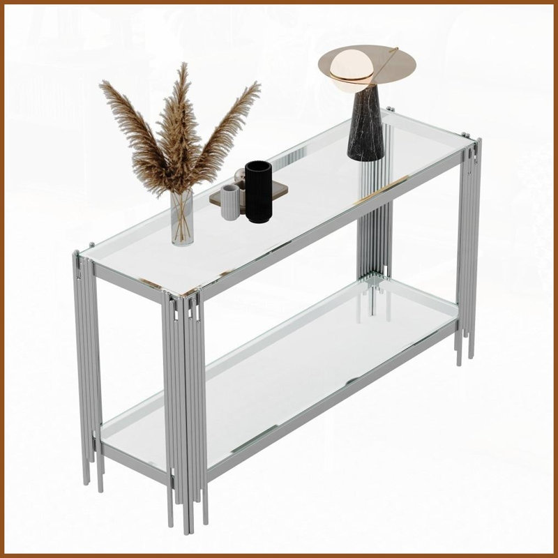Table basse peu encombrante en verre trempé avec structure en acier inoxydable, facile à nettoyer, Clear, Argent argent