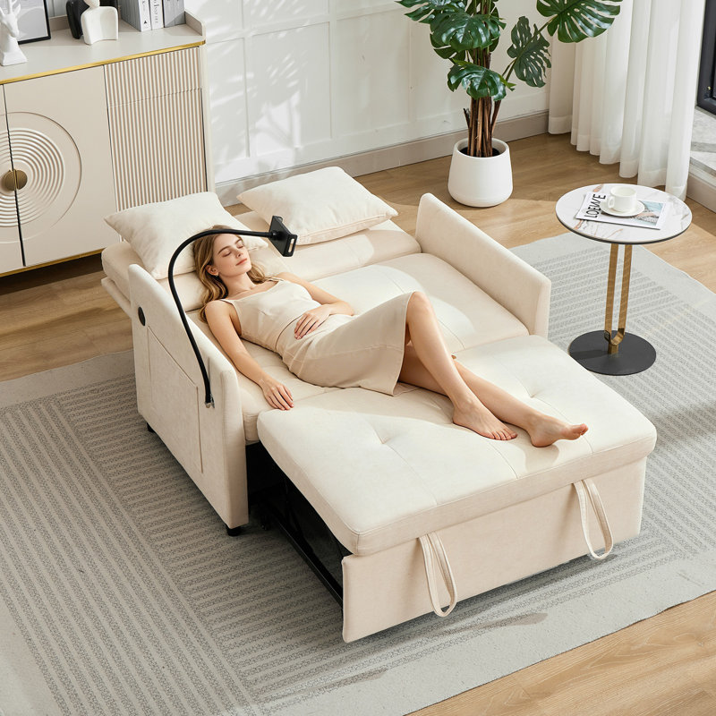 Canapé-lit convertible 3 en 1 en lin, dossier réglable à 90 ° et 180 °, lit escamotable avec port USB, support pour téléphone, oreiller et couverture