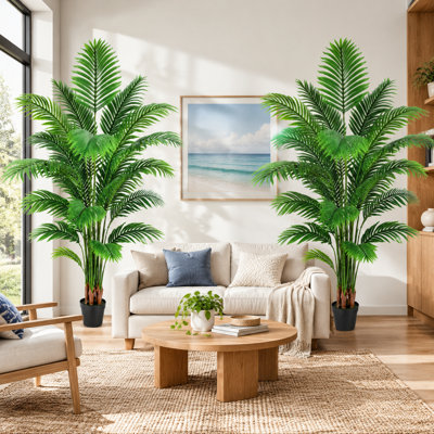 Palmiers artificiels de 1,80 m (lot de 2) – Faux palmiers Areca réalistes avec 23 palmes, grande plante tropicale pour la décoration intérieure et extérieure