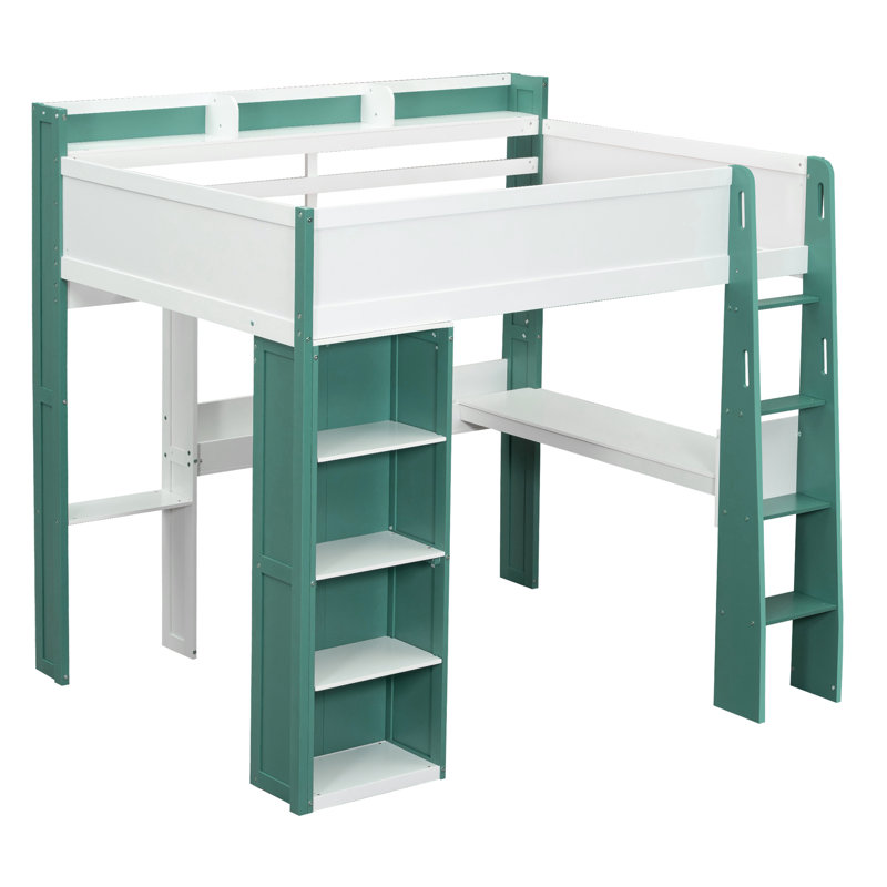Full Loft Bed With Built-In Desk&Bookshelf, Green