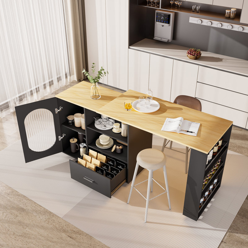 Kitchen Island With Extendable Dining Table For 1-2, Movable Kitchen Island With Storage Cabinet, Drawer, Side Spice Rack, Open Shelves And Led Lights