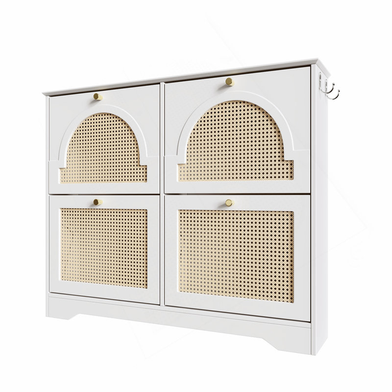 Mid-Century Narrow Design Tipping Bucket Shoe Cabinet With 4 Flip Drawers, Elegant Entryway Shoe Organizer With 4 Rattan Doors, Freestanding Shoe Rack With 2 Silvery Hooks For Hallway, White, 42.1"W