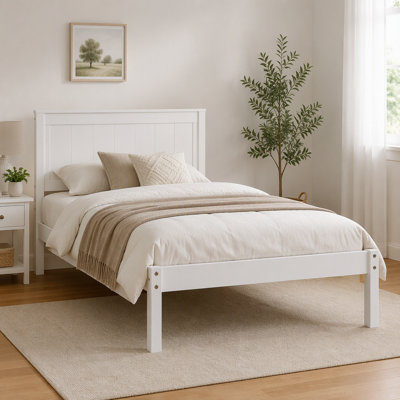 Cadre de lit plateforme en bois avec tête de lit, sommier à lattes en bois massif, sans sommier tapissier, idéal pour une chambre d'amis, une chambre principale ou un appartement.