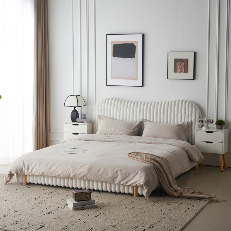 King Size Boucle Upholstered Bed with Wavy Headboard & Vertical Stitching, King