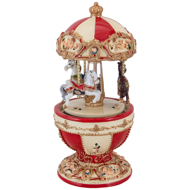 Ivory and Red Resin 7.25" Musical Horse Carousel
