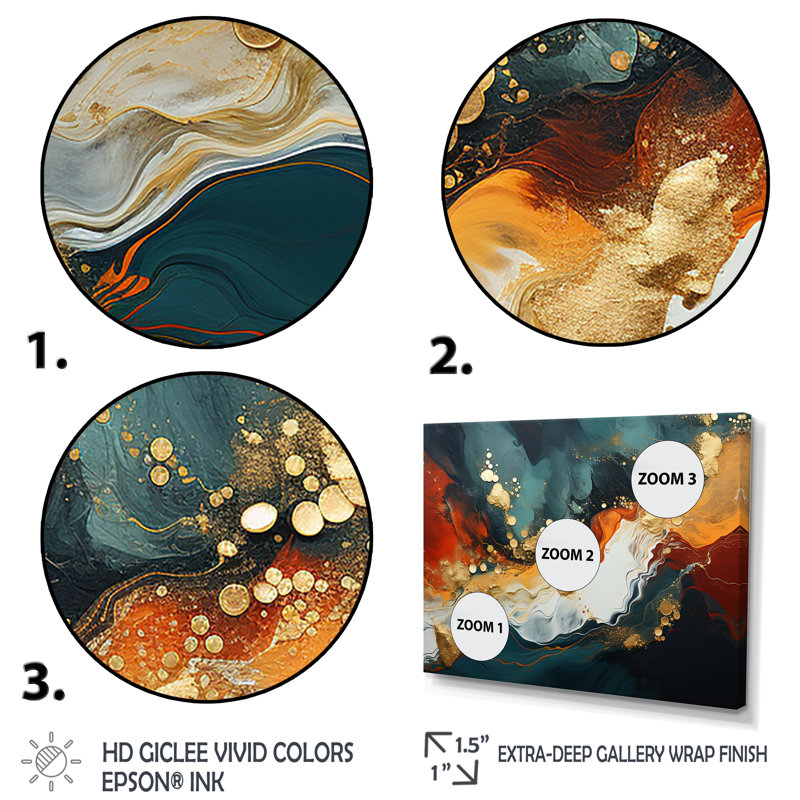 «Blue and Golden Marble Storm III», ensemble de 5 peintures murales abstraites, H 32 po x l 80 po