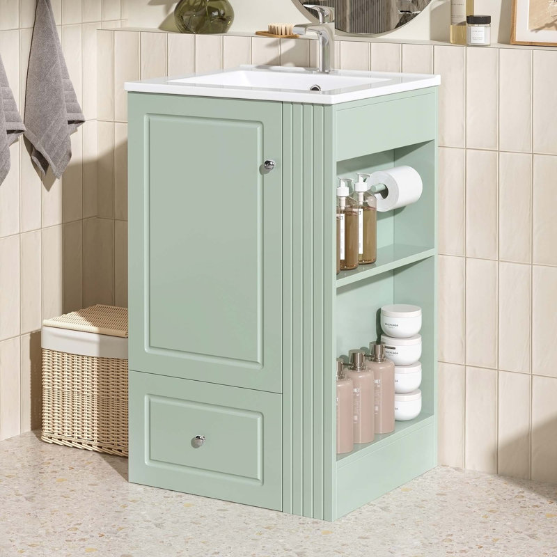Meuble-lavabo compact autoportant avec lavabo en céramique, tiroir à fermeture en douceur et tablettes latérales ouvertes pour un rangement efficace