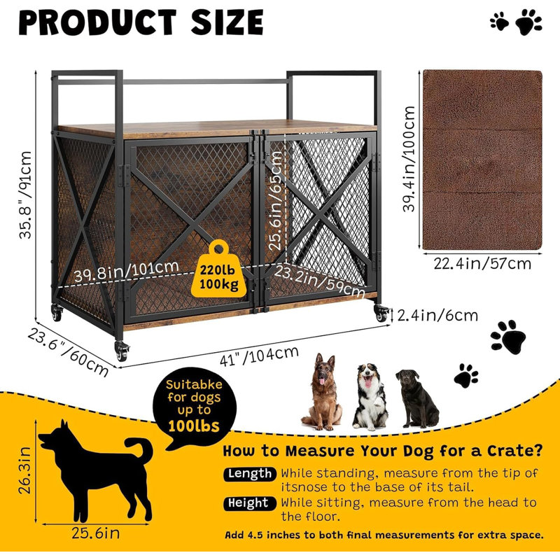 Cage pour chien pour chien, cage en bois pour chenils d'intérieur avec roues verrouillables, Noir/chêne