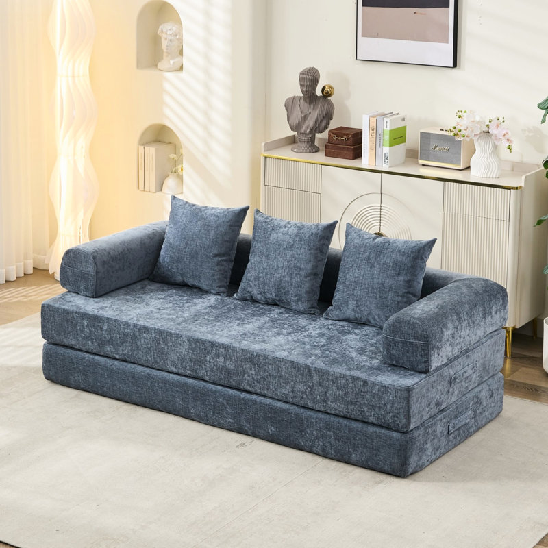 Lit convertible pliant en bleu, polyvalent pour se prélasser et dormir, tissu chenille doux, espace de rangement, rembourrage rapide après avoir déballé le matelas pour dormir, rembourrage, oreillers inclus