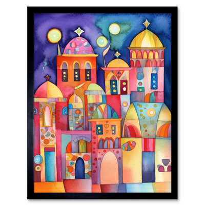 Brightly Decorated Buildings At Night Folk Art Watercolour Painting Artwork Framed Wall Art Print 9X7 Inch