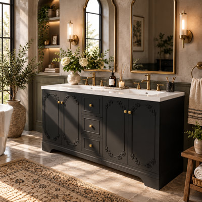 Meuble-lavabo de style français de 60 pouces avec lavabo intégré en résine, armoire sculptée, 4 portes à fermeture en douceur et 3 tiroirs.