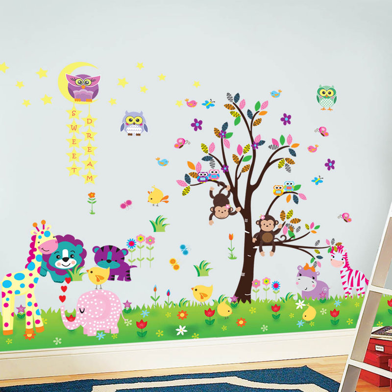 Adhésif décoratif animaux heureux avec chouette étoile et petit poussin
