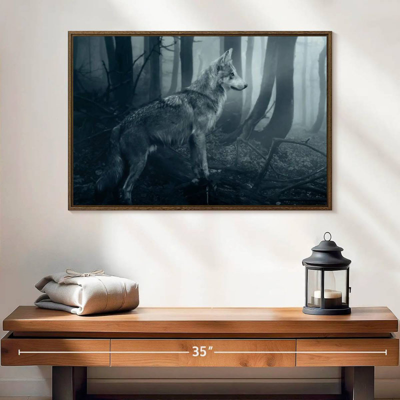 Loup gris, 25 po x 17 po, Cadre flottant noyer