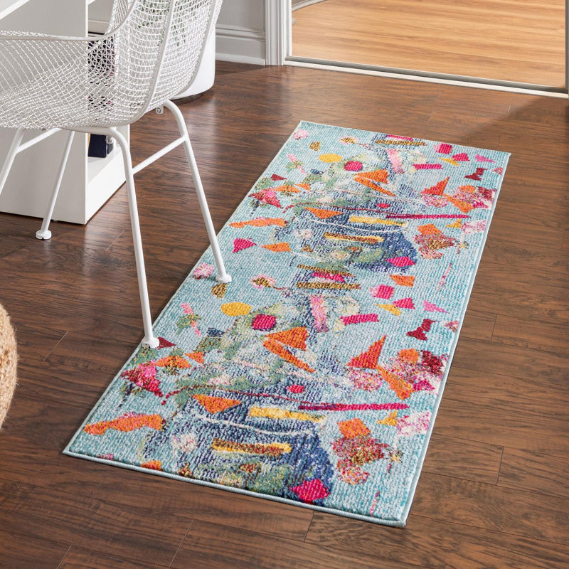 Tapis abstrait bleu / orange , Tapis de couloir 2 pi x 8 pi