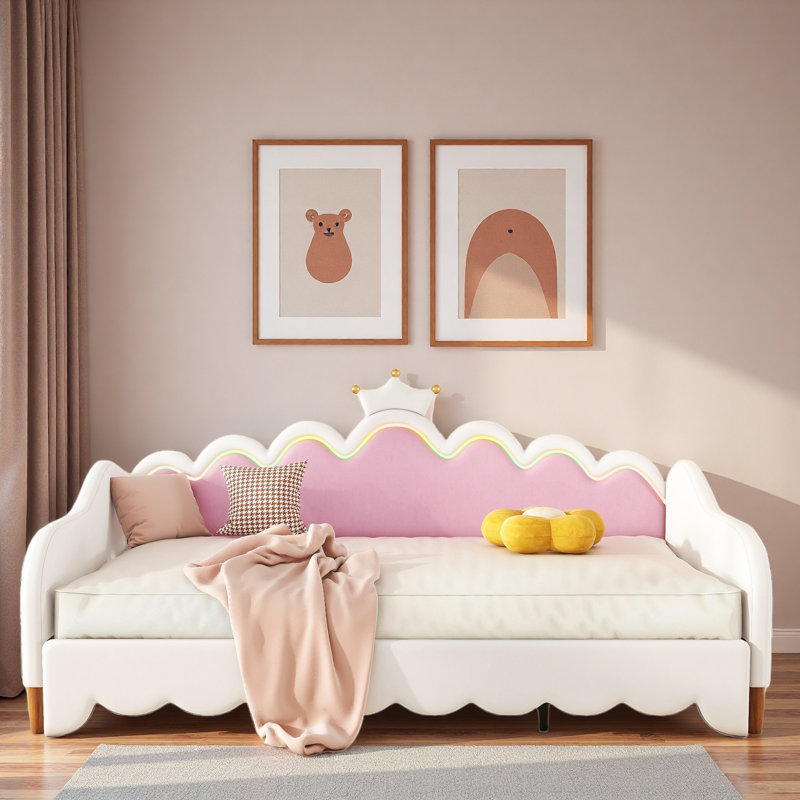 Extending Upholstered Daybed With Led Lights And Crown Headboard, White