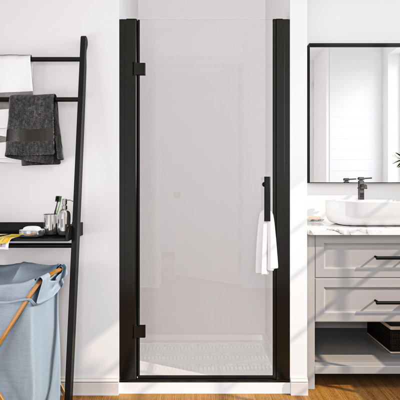 Porte de douche à charnière sans cadre avec verre transparent au fini noir mat l 34 po x H 72 po