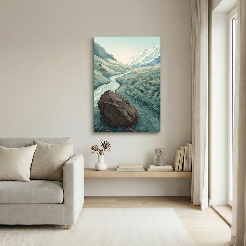 Grand rocher près d'une rivière sinueuse et de montagnes enneigées, art mural, H 18 po x l 12 po