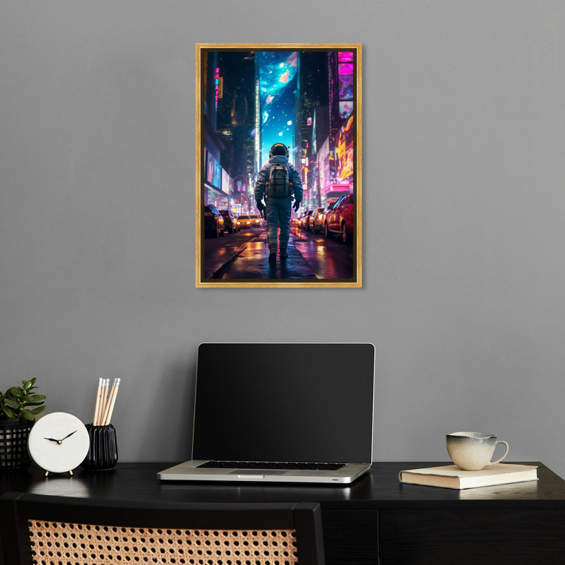 «Astronaut In The City», art moderne par Notoriart, Cadre doré, H 31 po x l 21 po