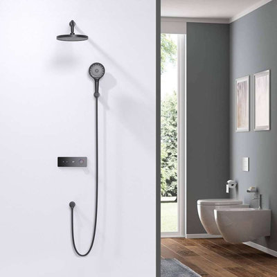 Milan Novarra Wall Mount Matte Black Round Rainfall Shower System With Hand Shower And Digital Shower Mixer