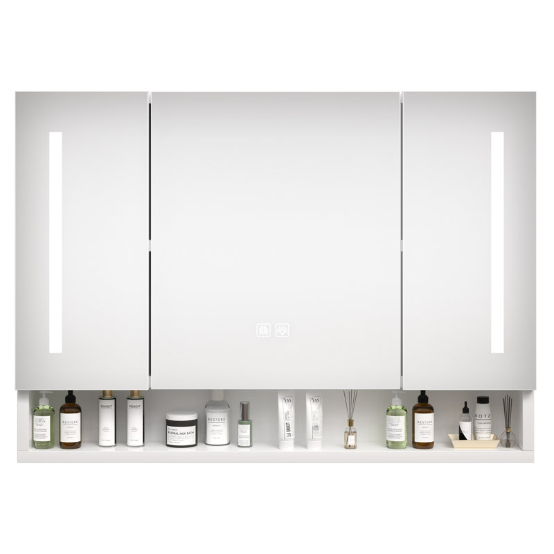 Armoire de salle de bain 39 po x 28 po avec miroir et lumières à DEL - Style moderne, blanc, fixation murale, imperméable, aluminium, plusieurs pouces de rangement, compartiment à plusieurs niveaux