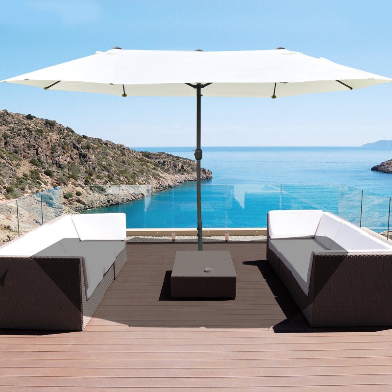 Parasol de patio beige 15 pi - marché rectangulaire en acier à double face pour écran solaire, poteau, terrasse à manivelle avec moustiquaire, nervures, à ajuster