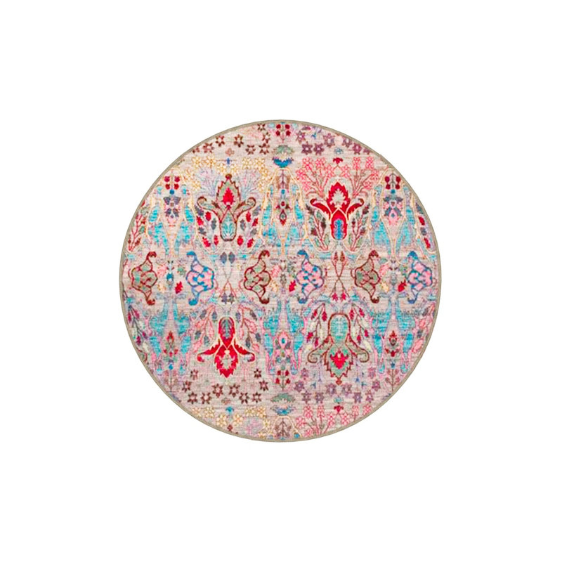 Multicolored Traditional Motif Ethnic Patterned Fringed Vintage Decorative Carpet, Round 4'