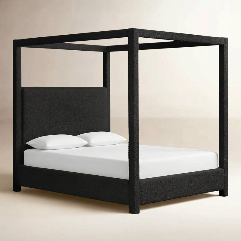 Upholstered Canopy Bed, Queen, Black Boucle Fabric