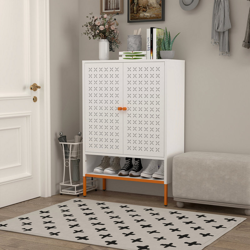Armoire à chaussures à double porte Grid, trois compartiments réglables pour un rangement flexible, compartiment à langer creux suspendu, conception inférieure à 15 cm résistante à l'humidité