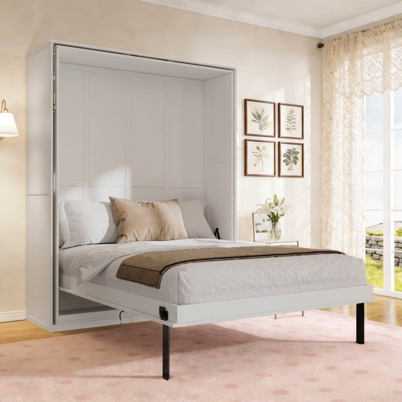 Grand lit escamotable rotatif avec supports de rangement cachés, lit mural multifonctionnel peu encombrant pour le bureau à domicile et les petites pièces, blanc