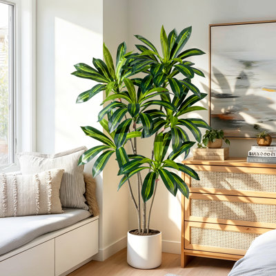 5-Foot Tall Artificial Dracaena Tree with White Planter Pot, UV-Resistant Lifelike Faux Floor Plant with Striped Leaves for Living Room, Bedroom, Office & Indoor Outdoor Home Decor