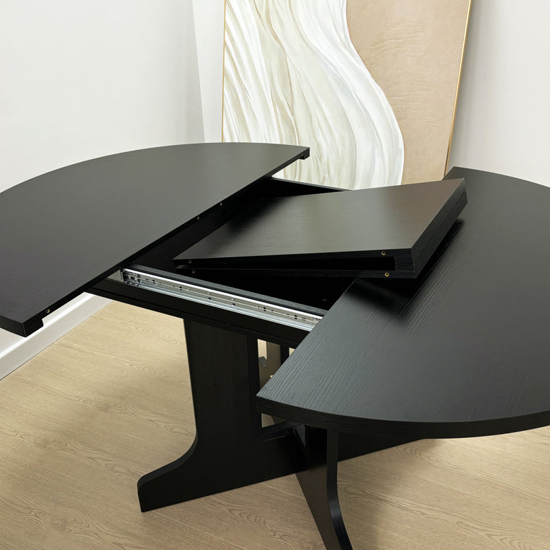 Dining Table For Farmhouse Kitchen Expandable Oval Table Top With Removable Leaf Trestle X Shaped Base, Black, Gray