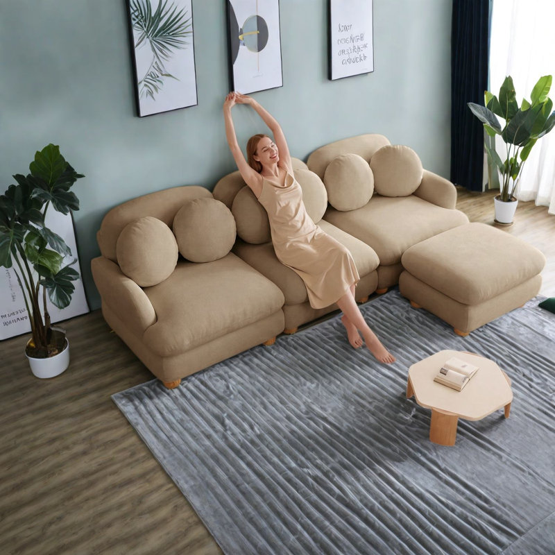 Canapés d'angle modulaires à compression, canapé moderne profond 3 places en chenille pour la maison, Tan