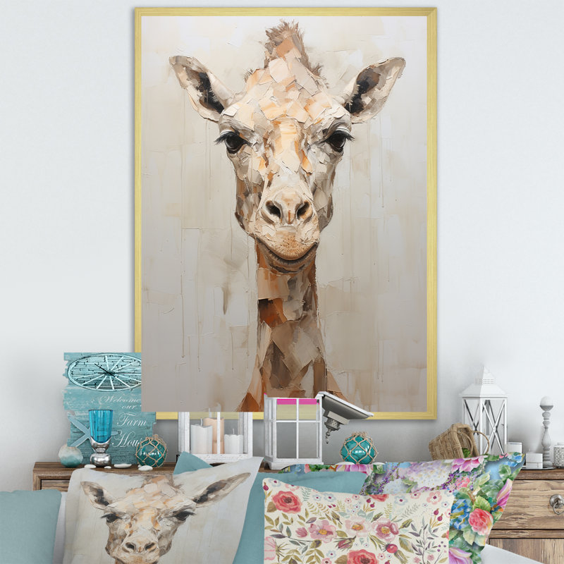 Minimalisme, girafe beige sur toile, Cadre doré simple, H 32 po x l 16 po x P 1 po