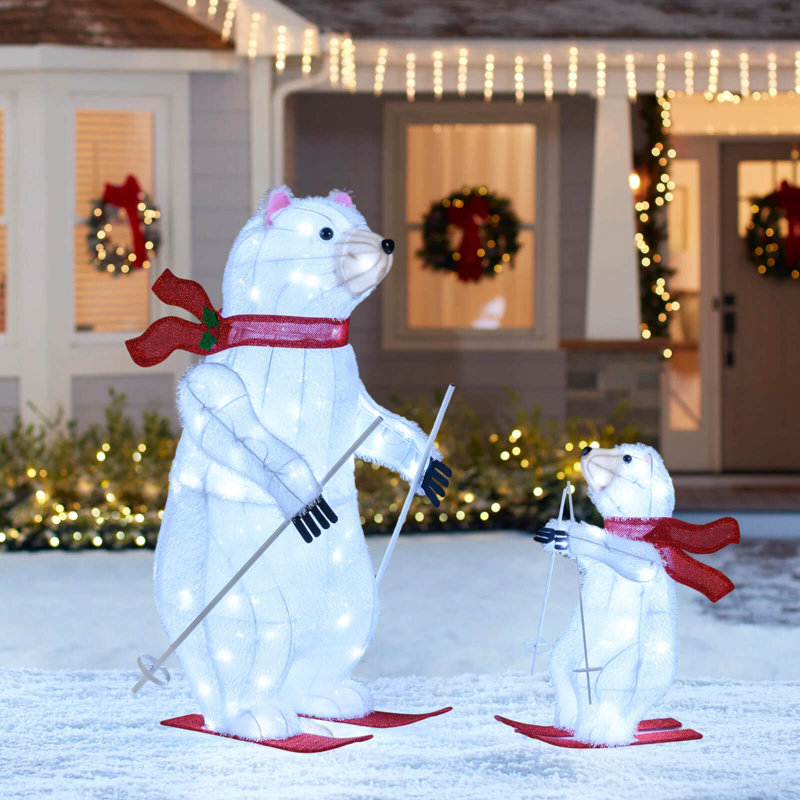 2 Pcs Animated Skiing Polar Bears with Skiing Motion & 160 Cold White LED Lights