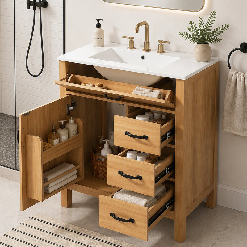 Meuble-lavabo de 76 cm avec tiroir rabattable et tablette de rangement à porte