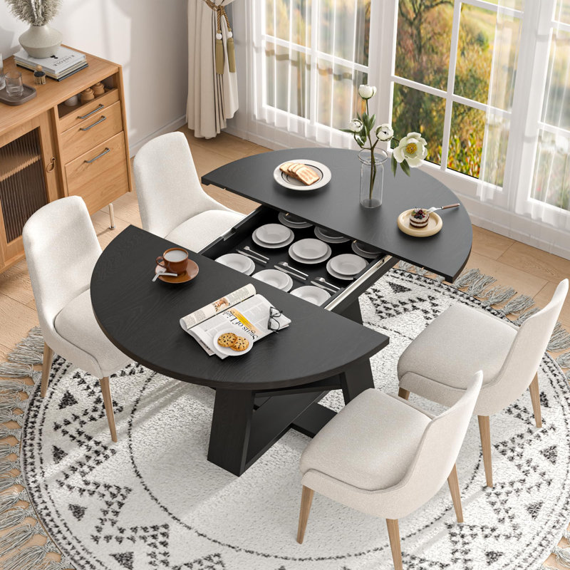 43.3"-59" Extendable Round Dining Table, Circle Kitchen Table Oval Dinner Table For 4-8, Farmhouse Dining Table With Removable Leaves Space Saving And Storage Shelf For Kitchen And Living Room, Black