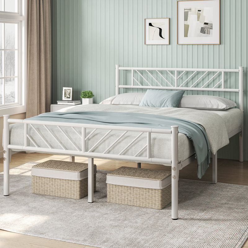 Minimalist Metal Slatted Bed Platform with Arrow Design Headboard, Double (4'6), White