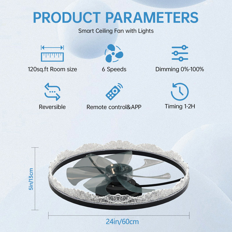 24" Decorative LED Ceiling Fan Light – Modern Flush Mount With Acrylic Ring, Hidden Blades, Remote Control, And Dimmable Light For Stylish Homes (Black)