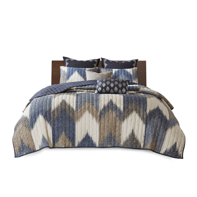 3 Piece Printed Cotton Quilt Set Navy