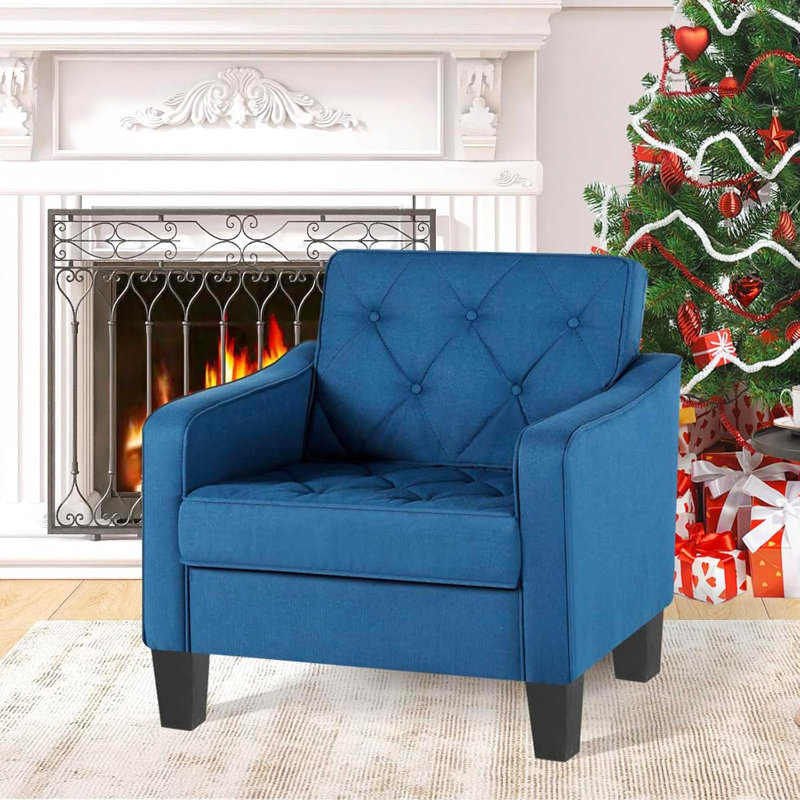 30" W Mid Century Upholstered Accent Chair, Blue Linen