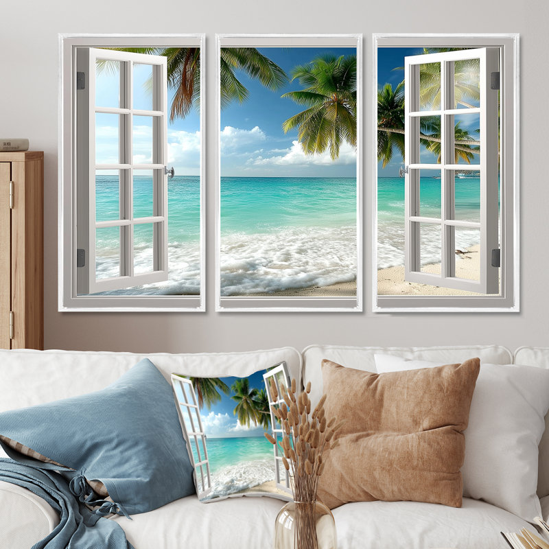 Fenêtre ouverte vue sur la plage au Mexique - ensemble d'art mural fenêtres côtières, H 40 po x l 60 po, Blanc