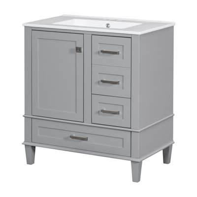 Meuble-lavabo de 30 po en gris, armoire en bois massif moderne avec lavabo, 3 tiroirs et porte à fermeture en douceur pour meuble-lavabo gris, bois, silencieux