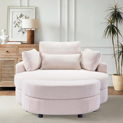 51.2-inch Round Sofa Made Of Linen Fabric, Paired With A Half-moon-shaped Storage Footrest - A Modern And Stylish Seating Design Suitable For Both Living Room And Bedroom, Featuring Both Practicality And Space-saving Features.