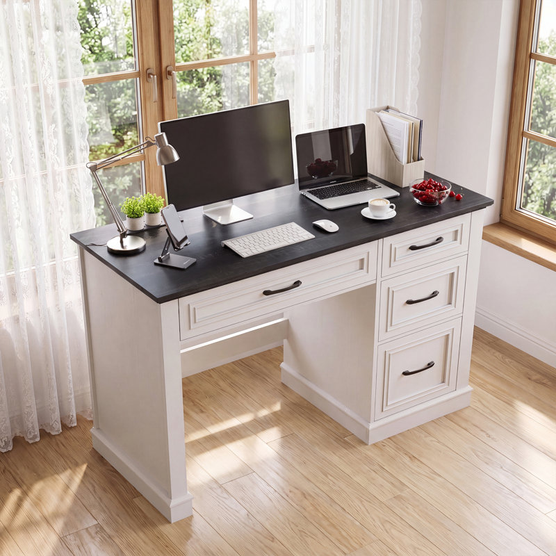 Farmhouse 47" Executive Desk With Charging Station, Black/White