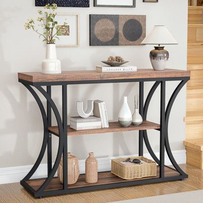 Narrow Console Table, 39.4" Small Entryway Table With Storage Shelves, 3-tier Industrial Sofa Table With Metal Frame For Living Room, Hallway, Foyer, Rustic Brown