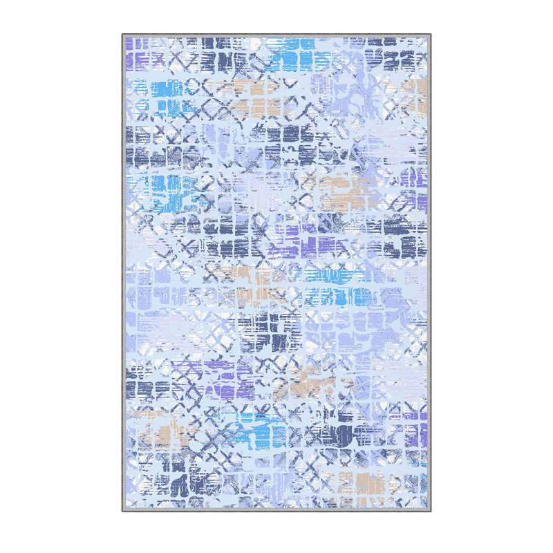 Tapis bleu / mauve en polyester tissé à la machine à motif abstrait Mendoza, Rectangle 3 pi 3 po x 4 pi 11 po