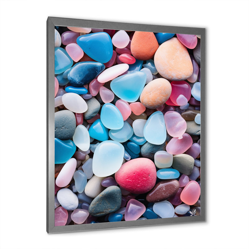 Turquoise et cailloux roses sur la plage - reproduction sur toile, H 20 po x l 12 po x P 1 po, Cadre simple argenté